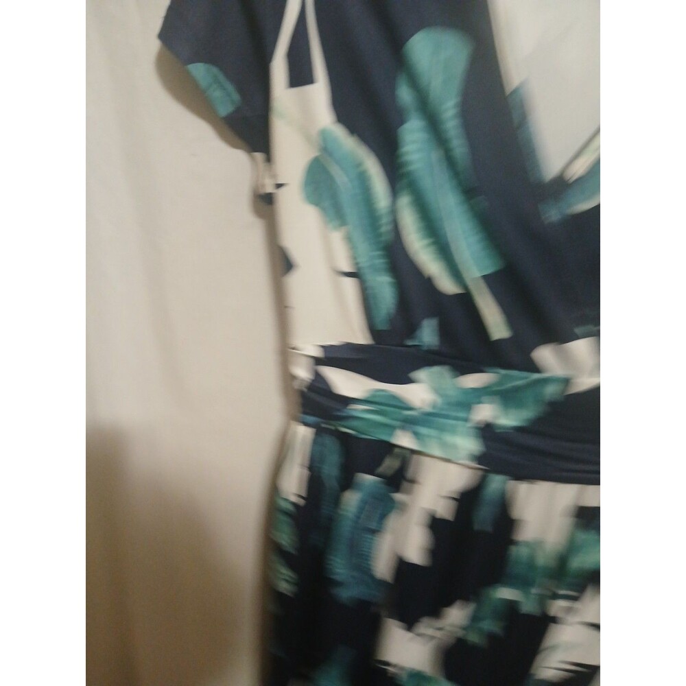 OUGES Women's S Navy Palm Print Short Sleeve Pocketed V Neck Maxi Dress - Picture 5 of 9